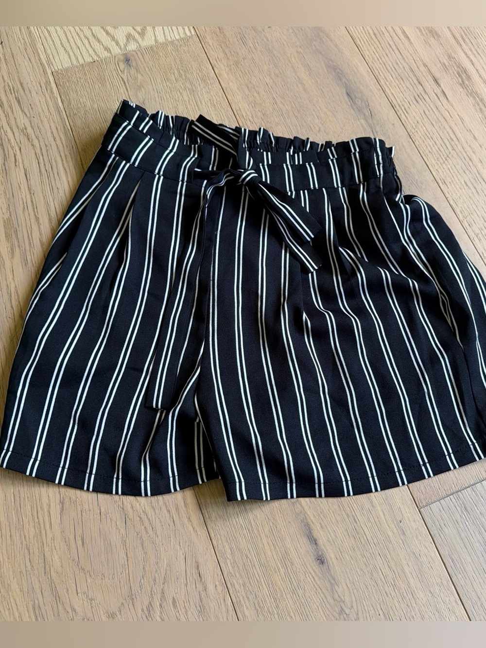 DR2 Black Shorts with White Vertical Stripes and Tie Waist